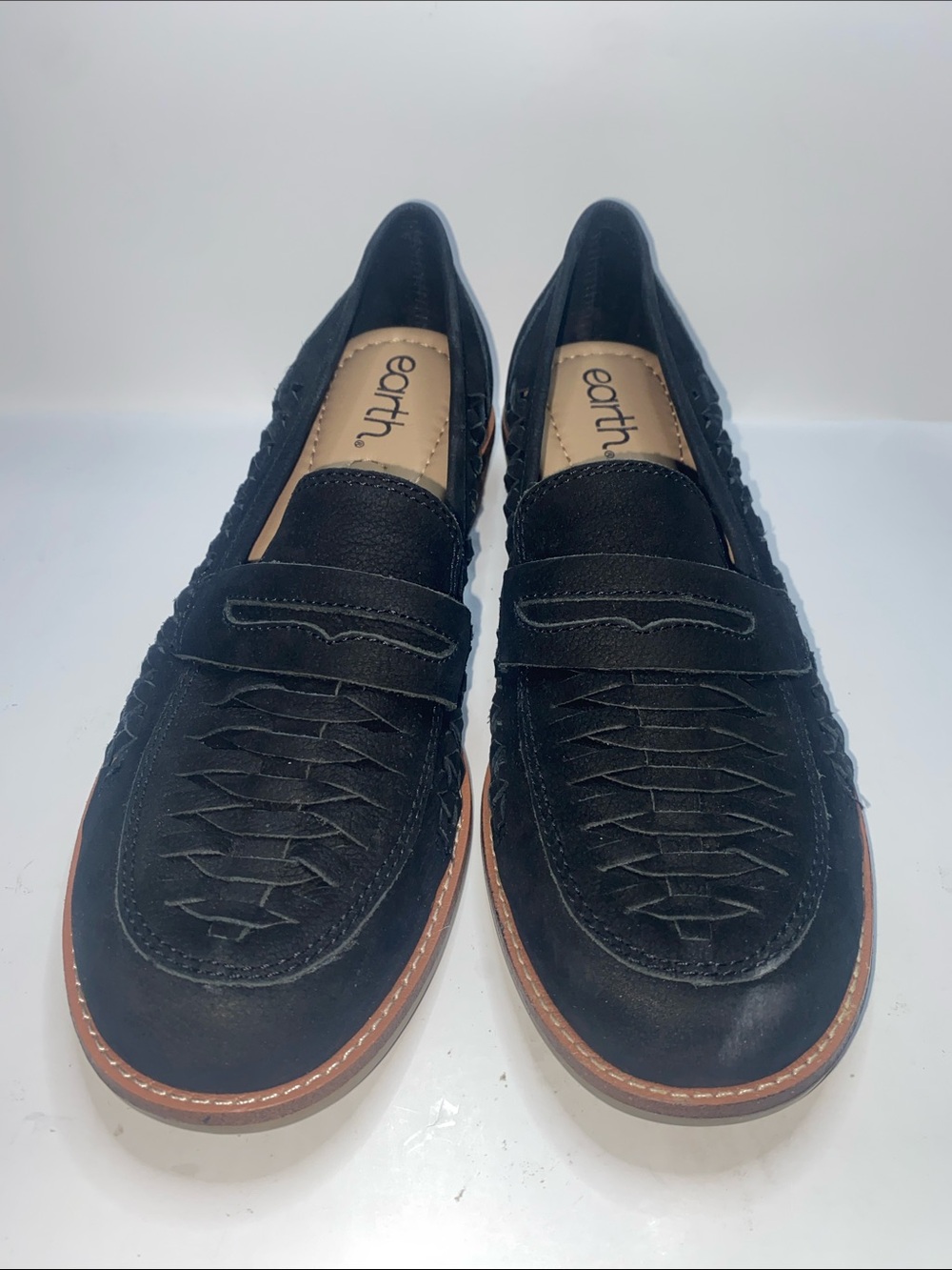Earth Black Woven Slip-On Loafers with Brown Trim
